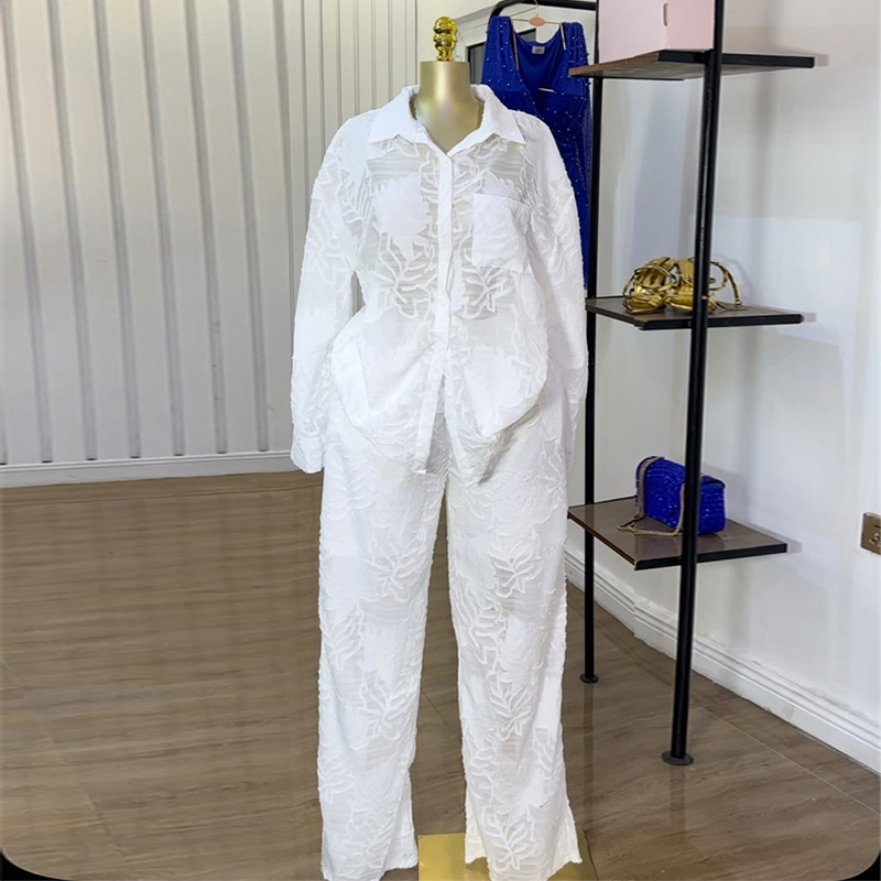 European and American women's clothing 2025 summer new sweet and fresh lapel patch pocket long sleeved shirt high waist straight leg pants two-piece set