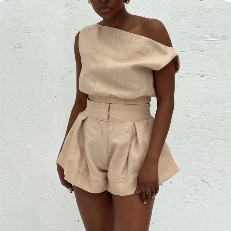 European and American women's clothing 2025 summer new sweet and fresh one neck off shoulder shirt high waist wide leg shorts two-piece set European and American women's clothing 2025 summer new sweet and fresh one neck off shoulder shirt high waist wide leg shorts two-piece set