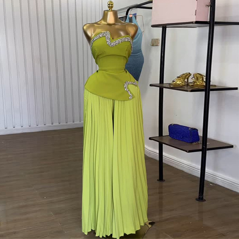 European and American cross-border women's clothing 2025 summer new heavy industry strapless and diamond studded irregular top, pleated wide leg pants set