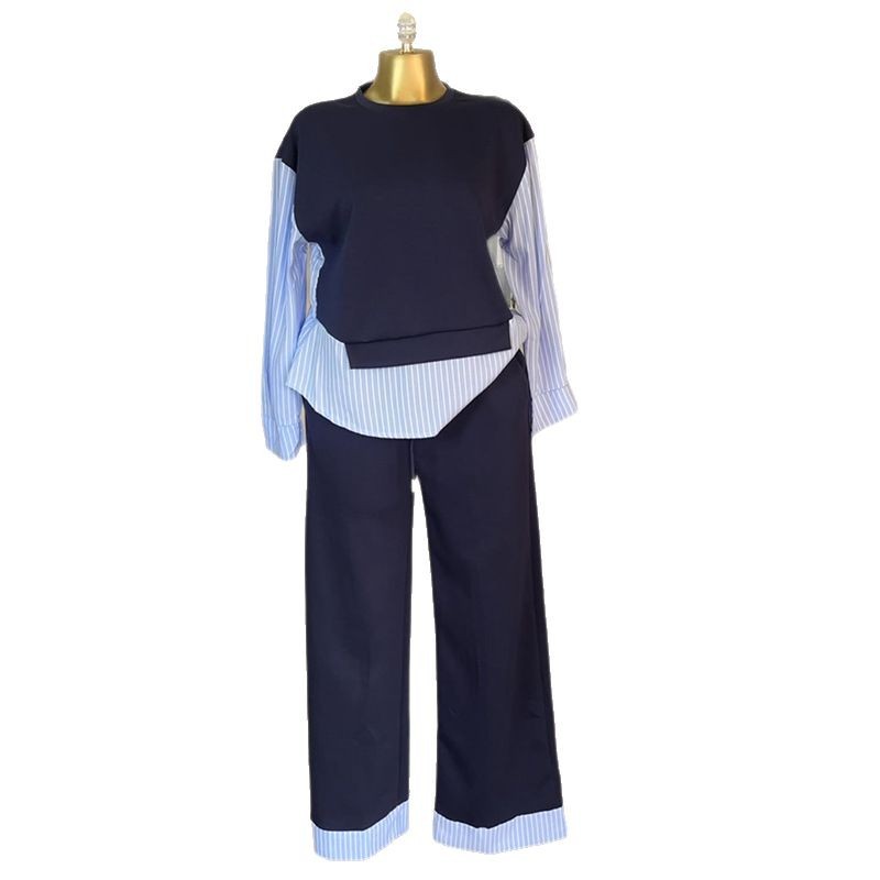 European and American Cross border Women's Clothing 2025 Summer New Fashion Round Neck Splicing Striped Top High Waist Pants Casual Set European and American Cross border Women's Clothing 2025 Summer New Fashion Round Neck Splicing Striped Top High Waist Pants Casual Set