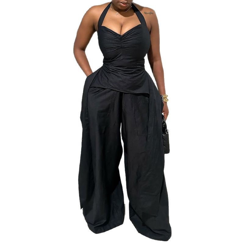 European and American cross-border women's clothing 2025 summer sexy hanging neck V-neck irregular sleeveless high waisted ribbon jumpsuit pants European and American cross-border women's clothing 2025 summer sexy hanging neck V-neck irregular sleeveless high waisted ribbon jumpsuit pants
