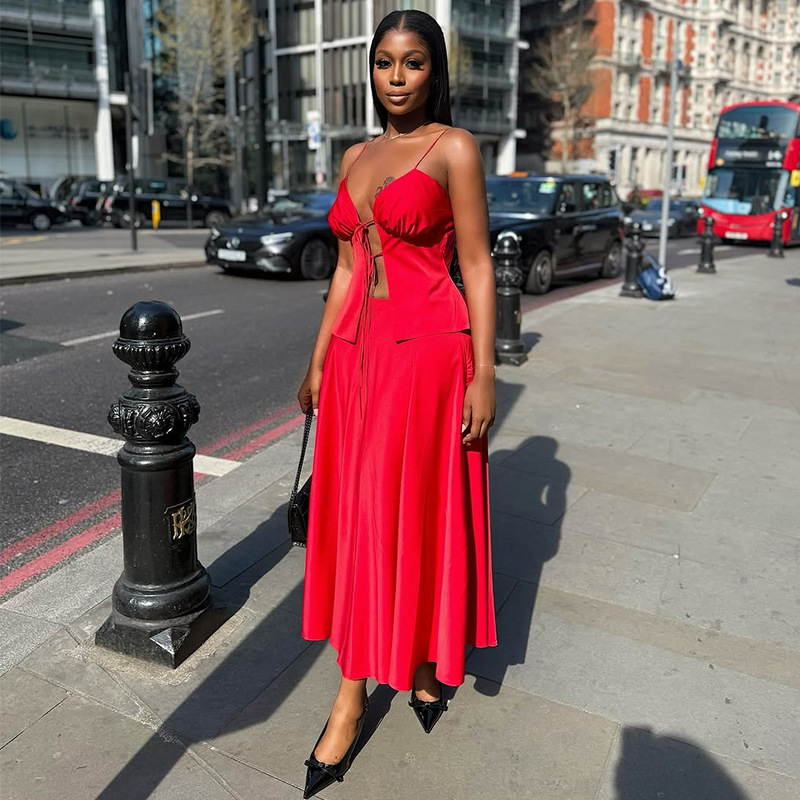 European and American Cross border Women's Clothing 2025 Summer New Fashion Sexy Strap Top High Waist Skirt Set