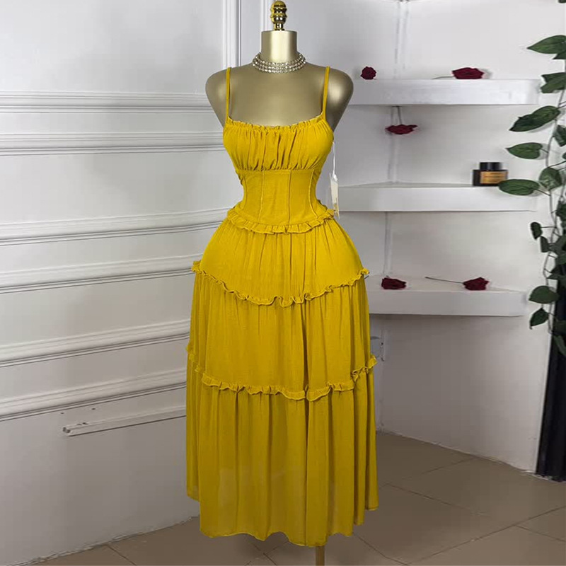 European and American Cross border Women's Clothing 2025 Summer New Style Vacation Style Waist Collection Ear Ear Edge Large Swing Skirt Strap Dress European and American Cross border Women's Clothing 2025 Summer New Style Vacation Style Waist Collection Ear Ear Edge Large Swing Skirt Strap Dress