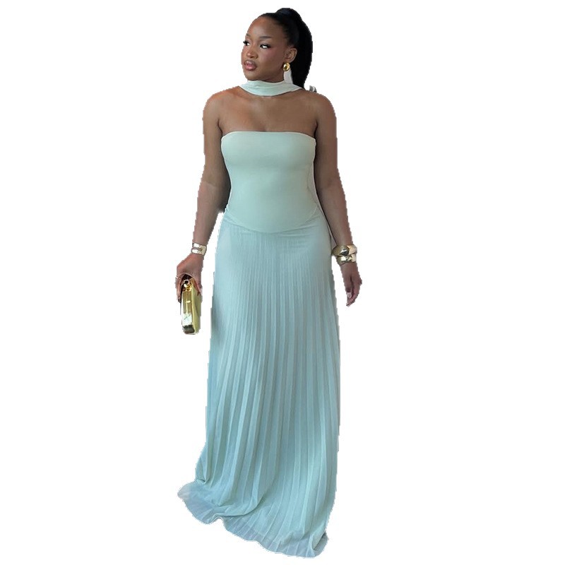 European and American cross-border women's clothing 2025 summer new sweet and fresh strapless high waist slimming pleated dress long skirt European and American cross-border women's clothing 2025 summer new sweet and fresh strapless high waist slimming pleated dress long skirt