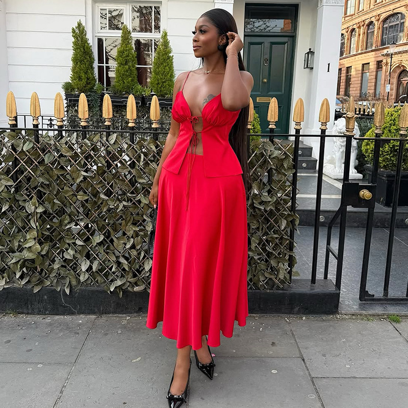 European and American Cross border Women's Clothing 2025 Summer New Fashion Sexy Strap Top High Waist Skirt Set European and American Cross border Women's Clothing 2025 Summer New Fashion Sexy Strap Top High Waist Skirt Set