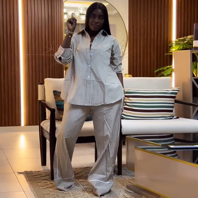 European and American Cross border African Women's Clothing 2025 Summer New Fashion Collar Loose Striped Shirt Wide Leg Pants Set European and American Cross border African Women's Clothing 2025 Summer New Fashion Collar Loose Striped Shirt Wide Leg Pants Set