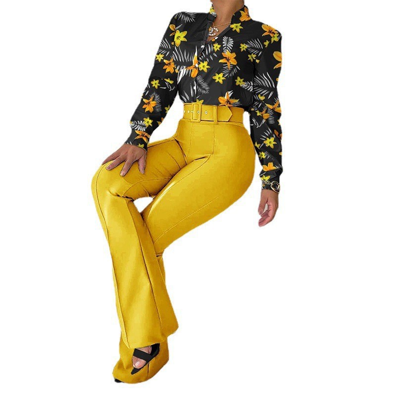 2024 Spring New European and American Cross border Leisure Set Printed Stand up Collar Long Sleeve Shirt Top Wide Leg Pants Two Piece Set 2024 Spring New European and American Cross border Leisure Set Printed Stand up Collar Long Sleeve Shirt Top Wide Leg Pants Two Piece Set