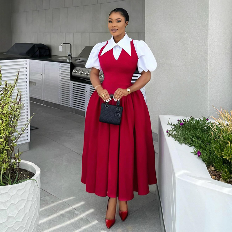 European and American women's clothing 2025 spring temperament elegant bubble sleeves women's shirt collar high waist slimming dress fake two pieces