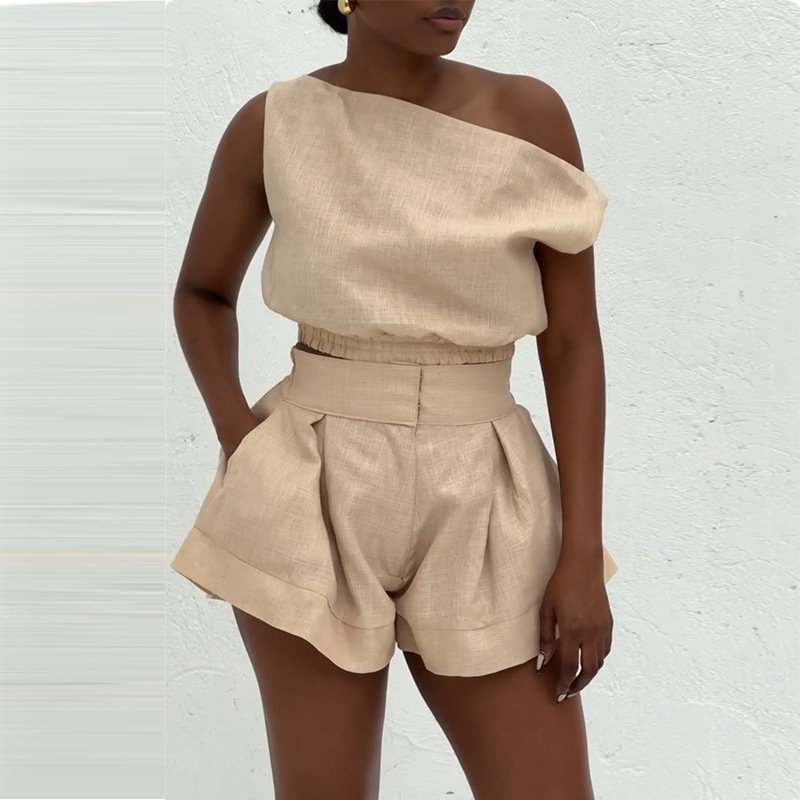 European and American women's clothing 2025 summer new sweet and fresh one neck off shoulder shirt high waist wide leg shorts two-piece set European and American women's clothing 2025 summer new sweet and fresh one neck off shoulder shirt high waist wide leg shorts two-piece set