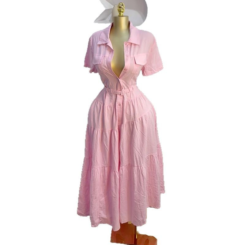 European and American Cross border Women's Clothing 2025 Summer New Style Fashion Collar Short Sleeve Buckle Belt A-line Shirt Dress European and American Cross border Women's Clothing 2025 Summer New Style Fashion Collar Short Sleeve Buckle Belt A-line Shirt Dress