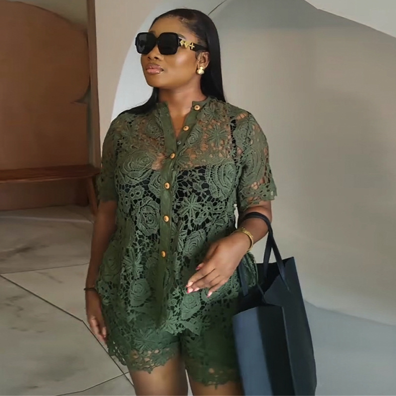 European and American women's clothing 2025 summer new sweet and fresh lace stand up collar short sleeved shirt high waisted shorts two-piece set European and American women's clothing 2025 summer new sweet and fresh lace stand up collar short sleeved shirt high waisted shorts two-piece set