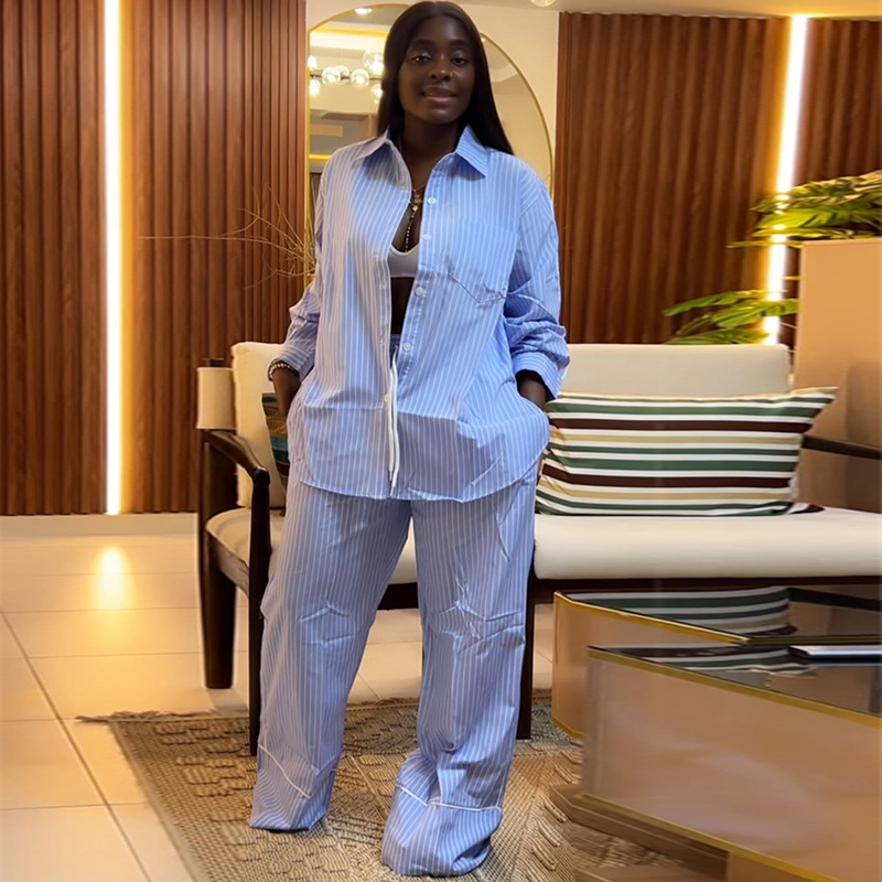European and American Cross border African Women's Clothing 2025 Summer New Fashion Collar Loose Striped Shirt Wide Leg Pants Set