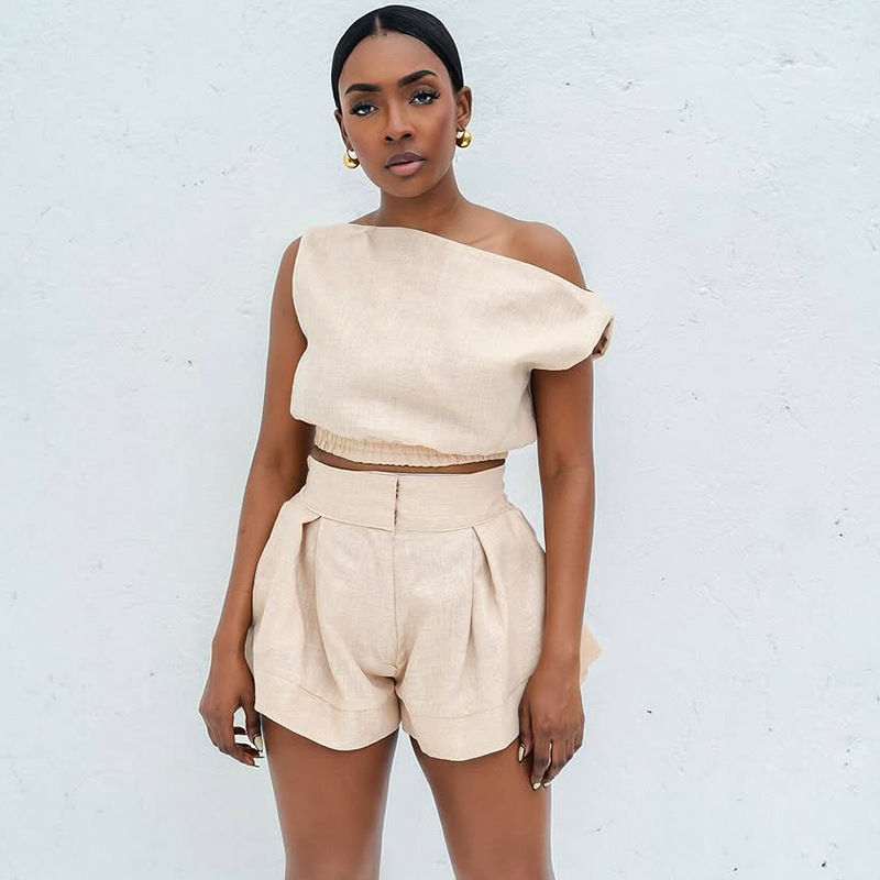 European and American women's clothing 2025 summer new sweet and fresh one neck off shoulder shirt high waist wide leg shorts two-piece set European and American women's clothing 2025 summer new sweet and fresh one neck off shoulder shirt high waist wide leg shorts two-piece set