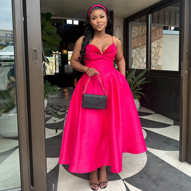 Amazon Rose Red Strap Dress European and American Women's Wear 2025 New Sexy High Waist A-line Medium length Dress Amazon Rose Red Strap Dress European and American Women's Wear 2025 New Sexy High Waist A-line Medium length Dress