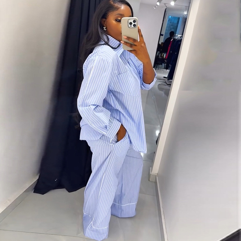European and American cross-border women's clothing 2025 summer new blue striped loose long sleeved shirt wide leg pants casual set European and American cross-border women's clothing 2025 summer new blue striped loose long sleeved shirt wide leg pants casual set