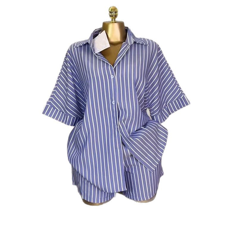 European and American Cross border Women's Clothing 2025 Summer New Fashion Blue and White Striped Loose Shirt High Waist Wide Leg Shorts Set European and American Cross border Women's Clothing 2025 Summer New Fashion Blue and White Striped Loose Shirt High Waist Wide Leg Shorts Set