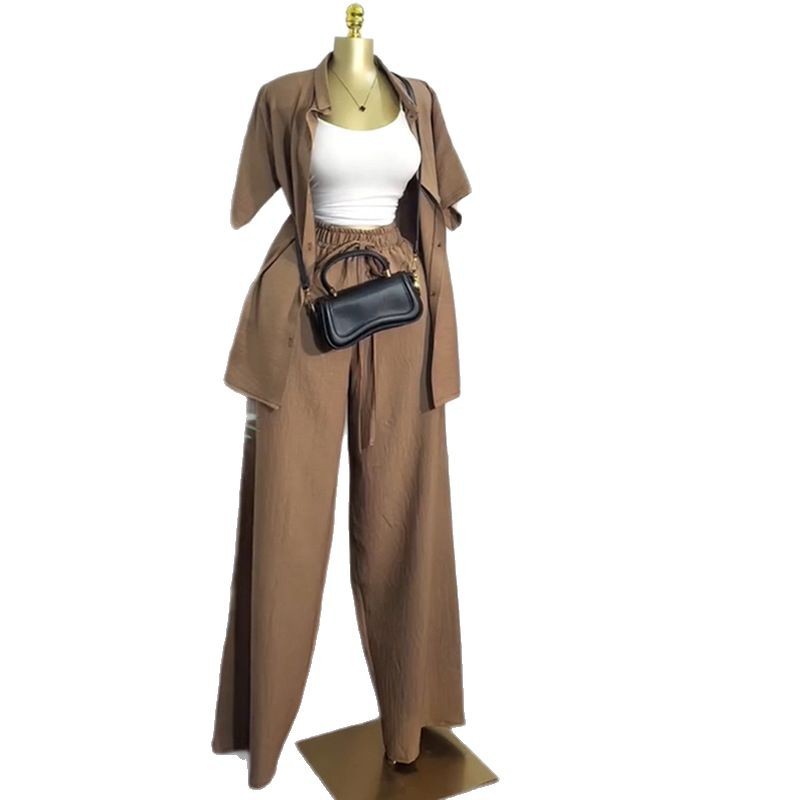 European and American cross-border women's clothing 2025 summer new casual lapel loose short sleeved shirt wide leg pants fashion set European and American cross-border women's clothing 2025 summer new casual lapel loose short sleeved shirt wide leg pants fashion set