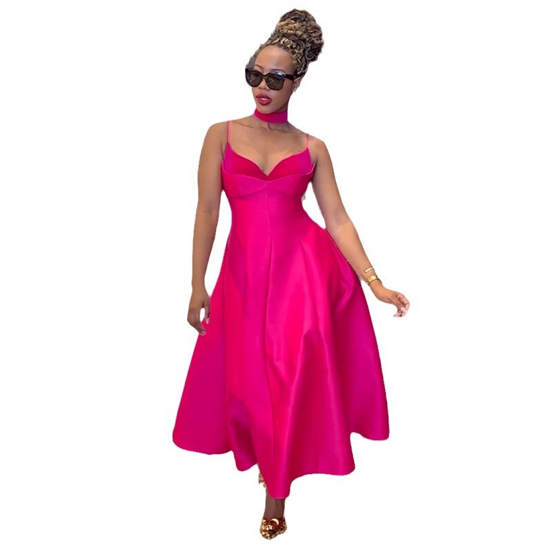 European and American women's clothing 2024 autumn new style elegant camisole V-neck high waist slimming A-line dress long skirt European and American women's clothing 2024 autumn new style elegant camisole V-neck high waist slimming A-line dress long skirt