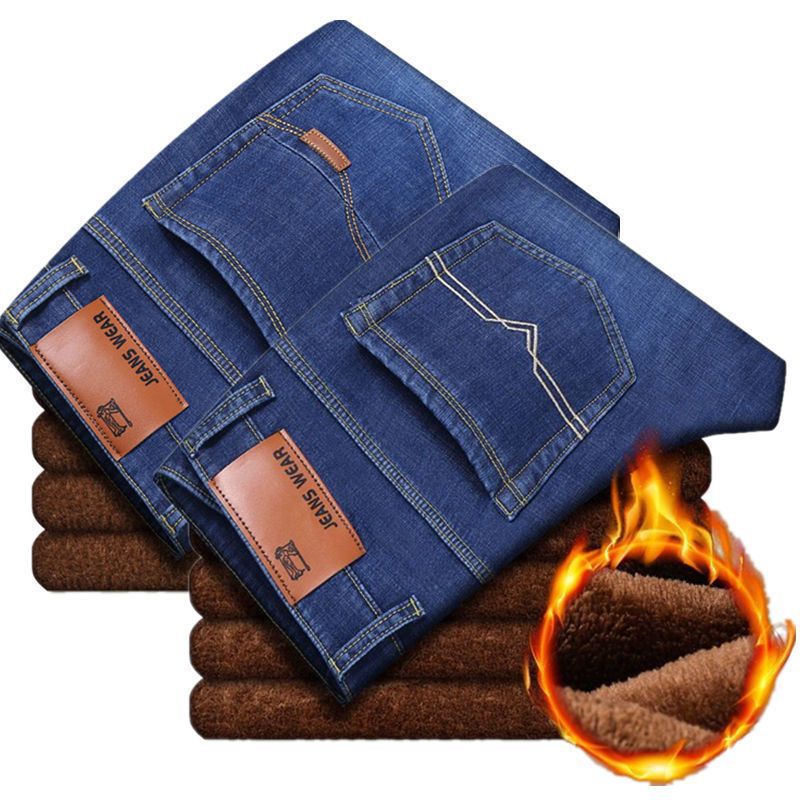 Autumn and winter new fleece jeans men's loose straight leg thick warm pants casual versatile work elastic pants
