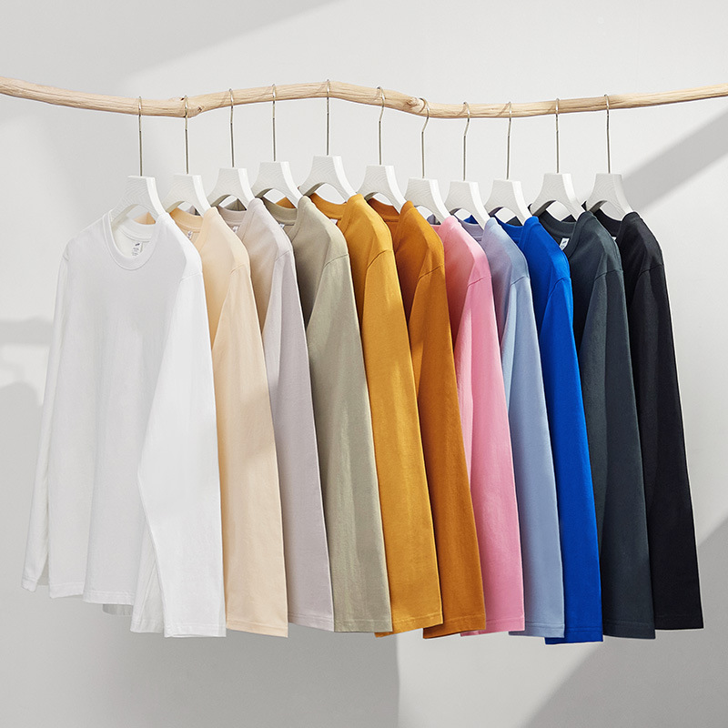 180g autumn Xinjiang combed polyester heavyweight round neck solid color long sleeved men's T-shirt loose base T-shirt men's clothing