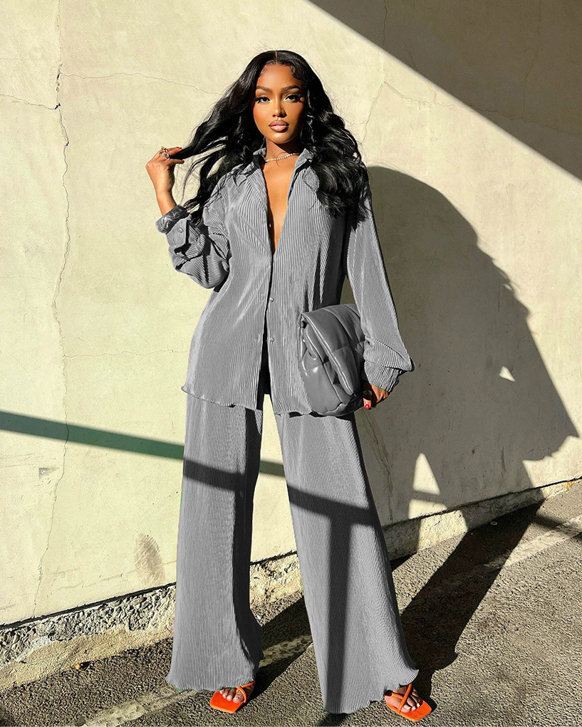 Spot 2025 Amazon Europe and America Cross border Women's Solid Color Loose Casual Two Piece Set with Hundred Fold Fashion Wide Leg Pants Spot 2025 Amazon Europe and America Cross border Women's Solid Color Loose Casual Two Piece Set with Hundred Fold Fashion Wide Leg Pants