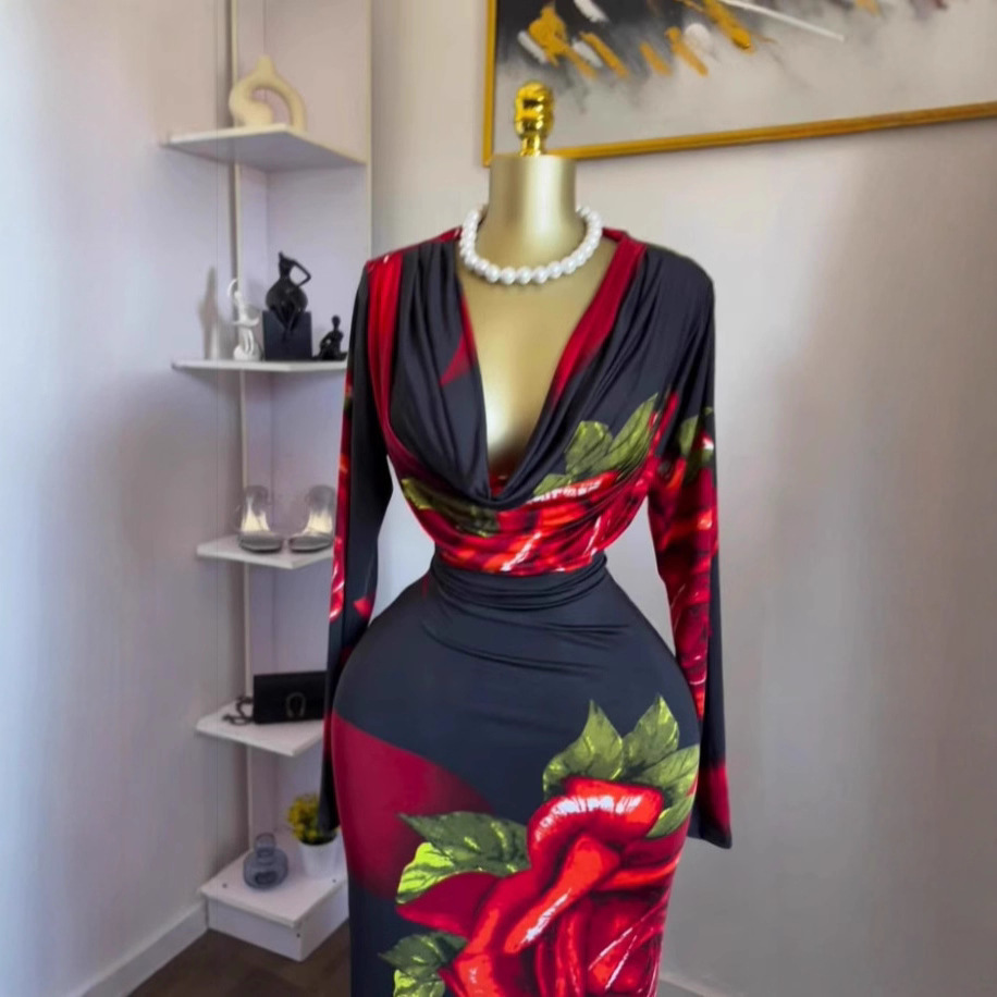 Spot 2025 European and American Cross border Women's Autumn New Long Sleeve Stacked Collar Rose Printed Tight Dress Long Skirt Spot 2025 European and American Cross border Women's Autumn New Long Sleeve Stacked Collar Rose Printed Tight Dress Long Skirt