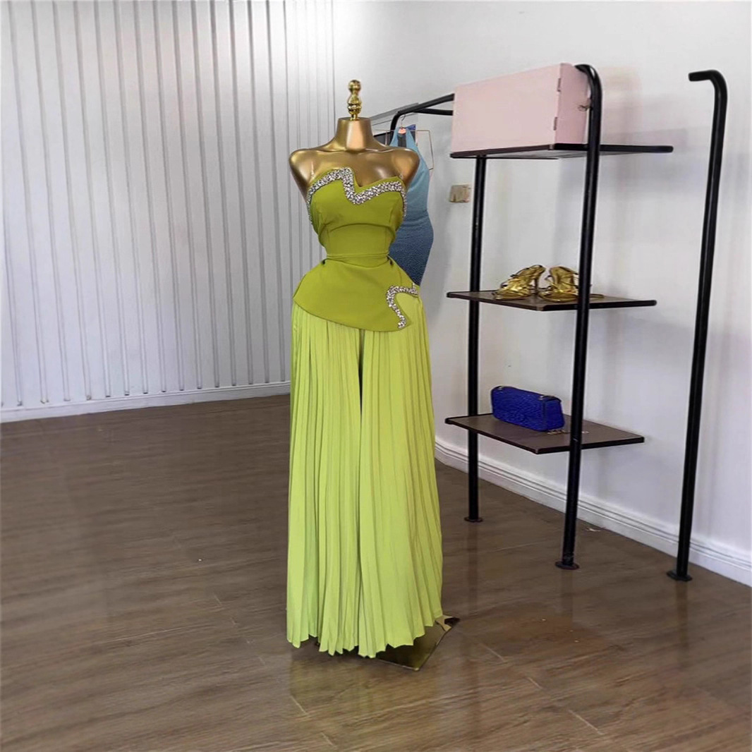 Spot 2025 European and American cross-border women's summer strapless nail drill irregular top, pleated wide leg pants 2-piece set