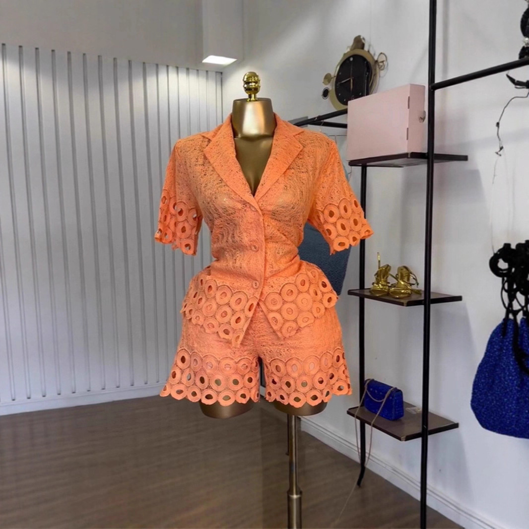 Spot 2025 European and American Cross border Women's Summer Hook Flower Embroidered Hollow Short Sleeve Shirt+Shorts Casual 2-piece Set