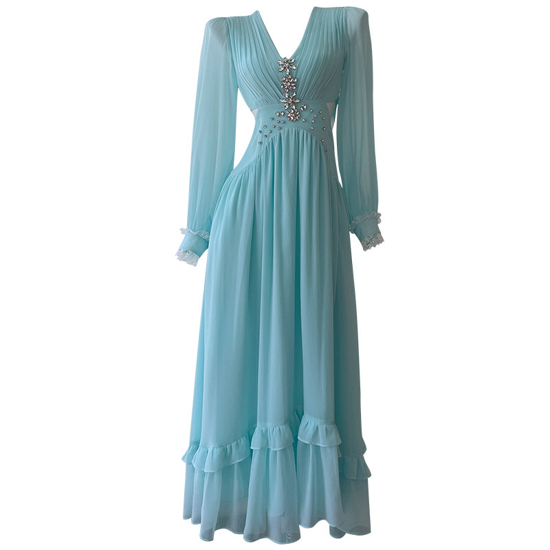 French sweet V-neck nail diamond long sleeved A-line skirt with feminine temperament, high waist hollow out slimming dress, summer fashion 69157 French sweet V-neck nail diamond long sleeved A-line skirt with feminine temperament, high waist hollow out slimming dress, summer fashion 69157