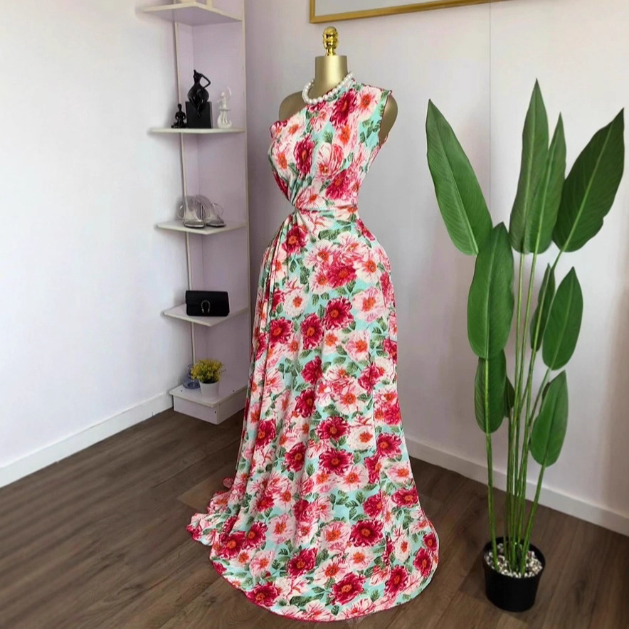 Spot 2025 Cross border European and American Women's Wear Bohemian Slant Neck, Bareback, Waist cinching, slimming A-line Printed Dress Long Spot 2025 Cross border European and American Women's Wear Bohemian Slant Neck, Bareback, Waist cinching, slimming A-line Printed Dress Long