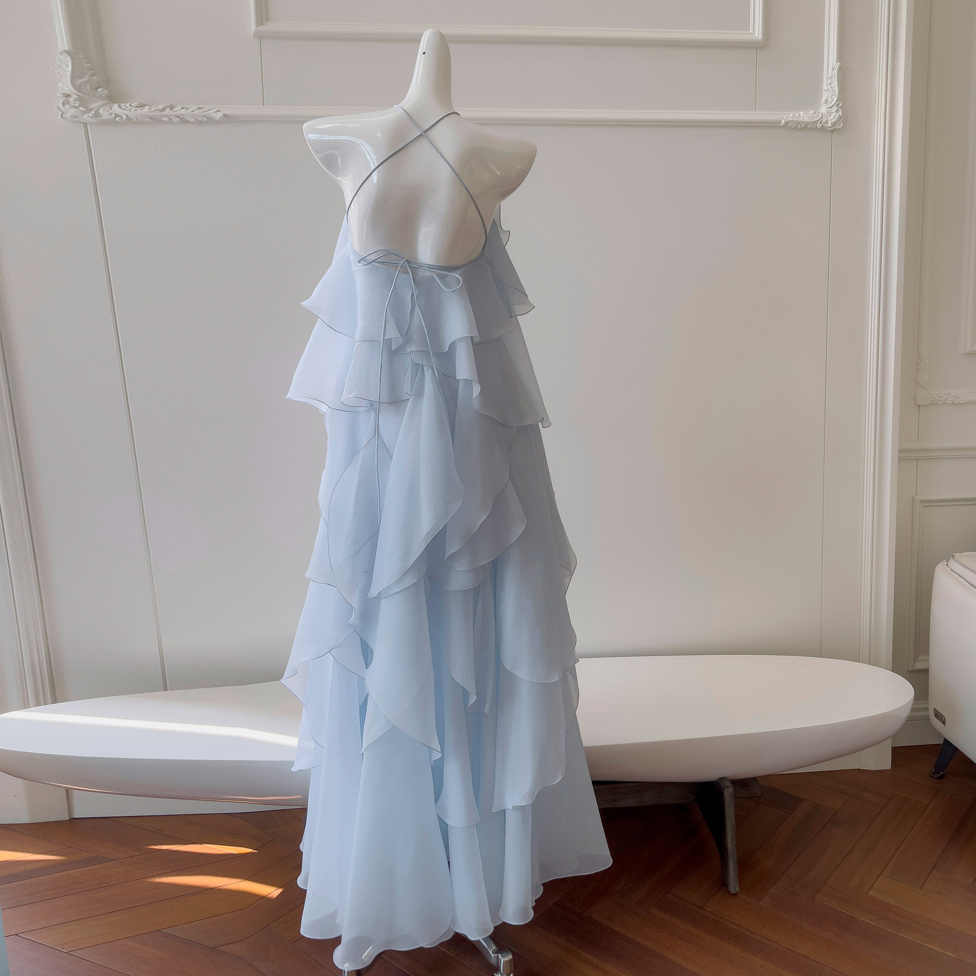 Elegant blue dress with camisole and neck hanging, elegant temperament and socialite. Long cake skirt with ruffled edges. Age reducing dress 69320 Elegant blue dress with camisole and neck hanging, elegant temperament and socialite. Long cake skirt with ruffled edges. Age reducing dress 69320
