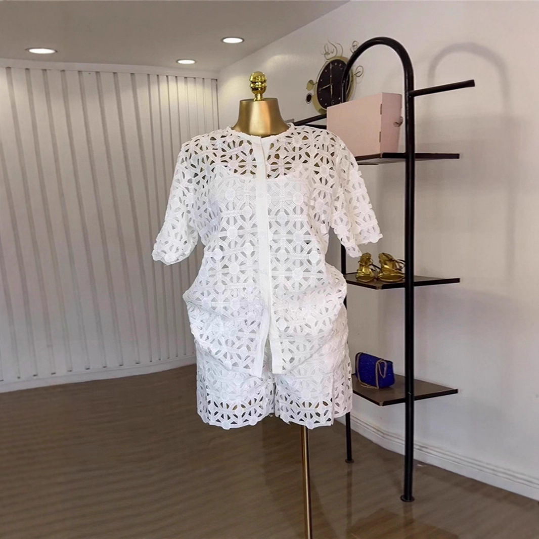 Spot 2025 European and American Cross border Women's Fashion Round Neck Hollow Short Sleeve Shirt Wide Leg Shorts Casual 2-piece Set