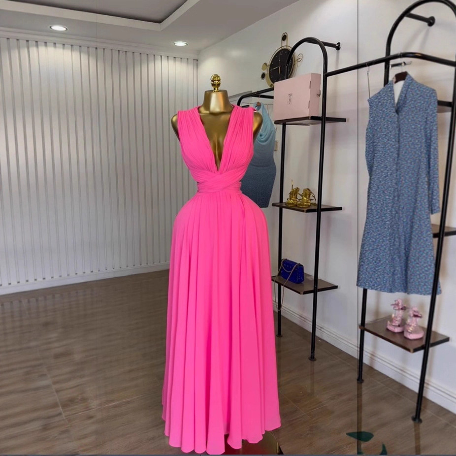 Spot 2025 summer cross-border European and American chiffon pleated long skirt with feminine temperament sleeveless V-neck vacation seaside dress