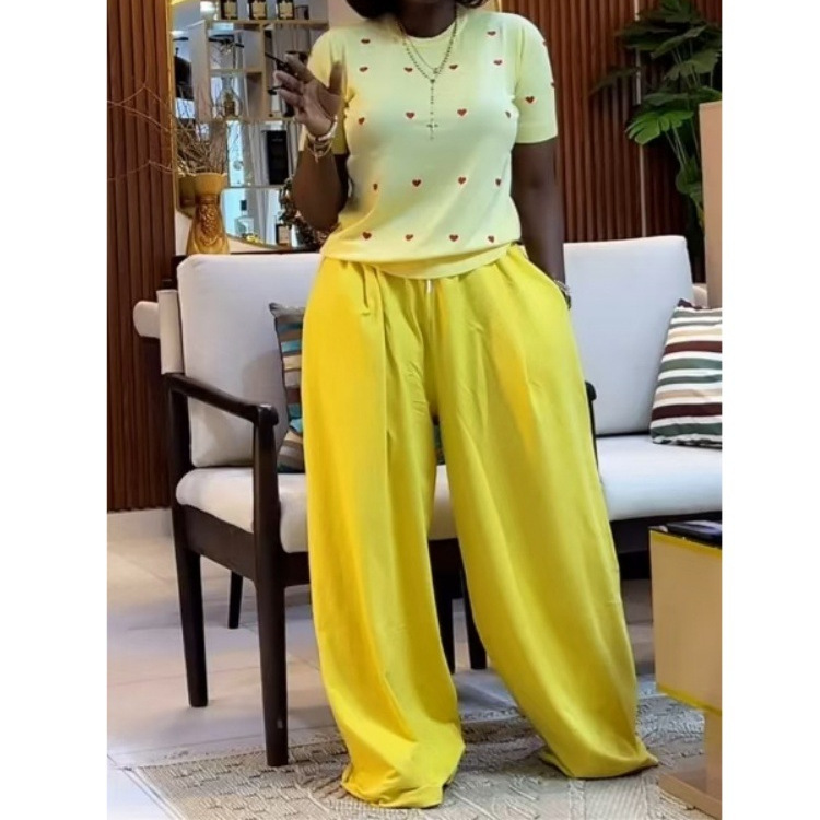 Spot 2025 Summer Cross border European and American Leisure 2-piece Short Sleeve Love Printed T-shirt+Wide Leg Pants Set