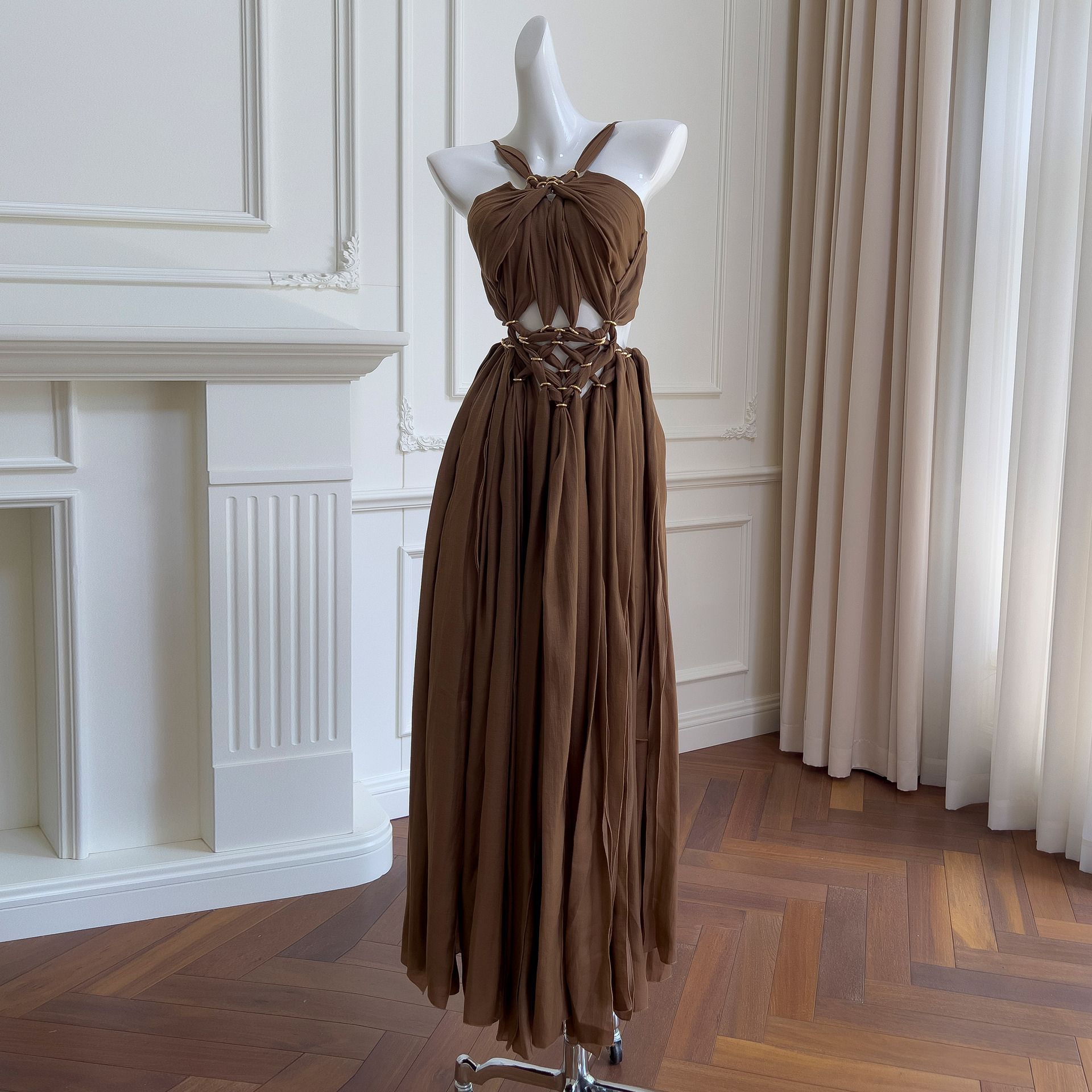 2025 Summer New Product Caramel Hanging Neck strapless Strap Waist Long Dress for Women 68752