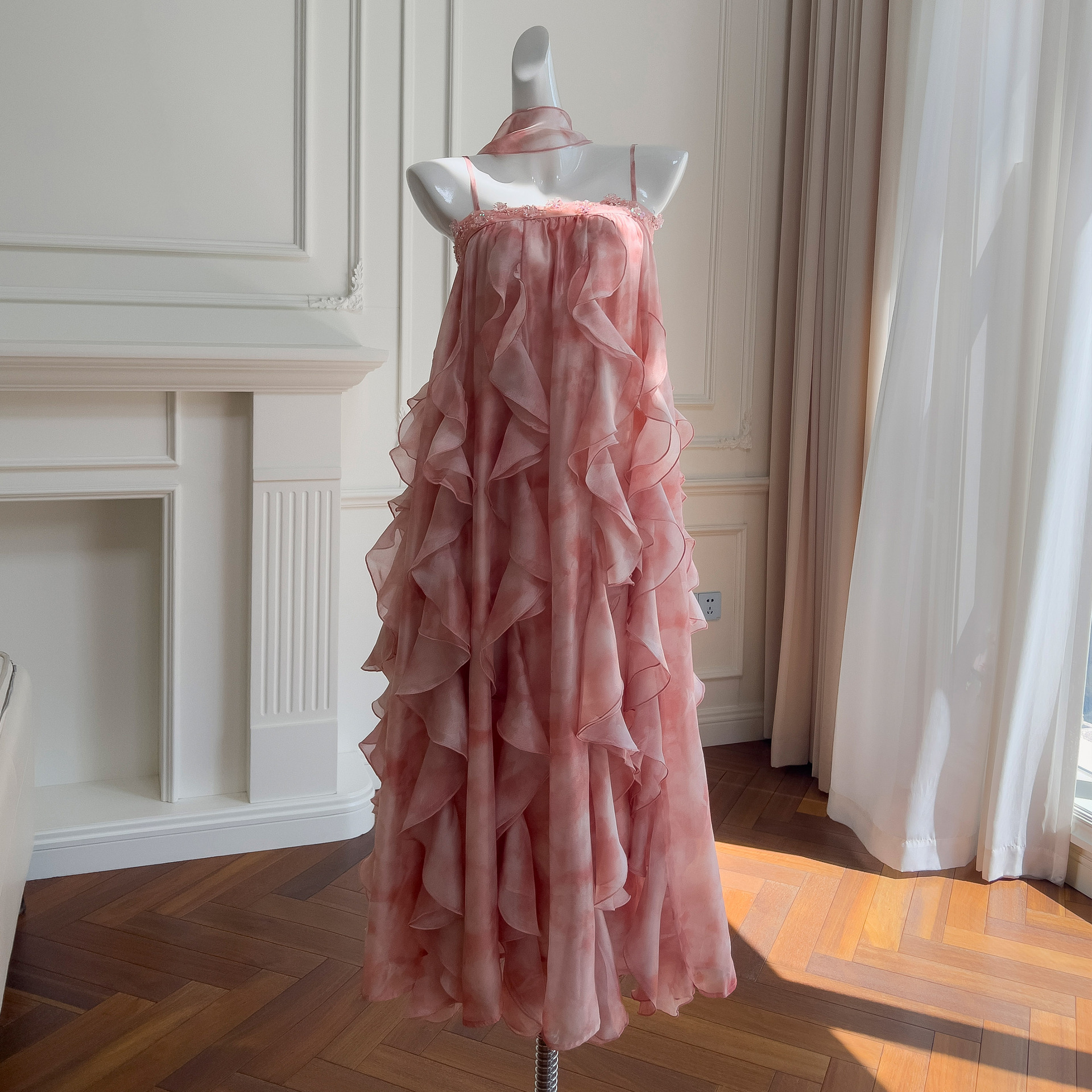 Rich heiress pink camisole dress for women summer vacation style fairy ruffled elegant princess dress 69118