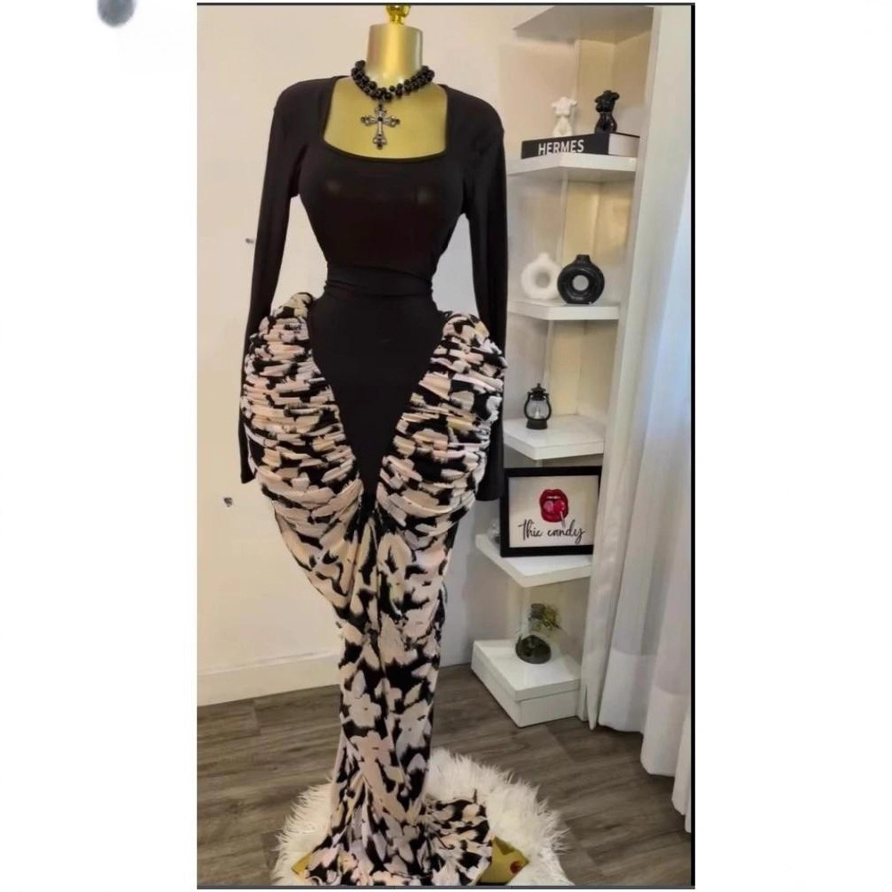 Spot European and American Cross border 2025 Autumn New Style Sexy Long Sleeve Printed Splicing Strap Fold Slimming jumpsuit Long Skirt