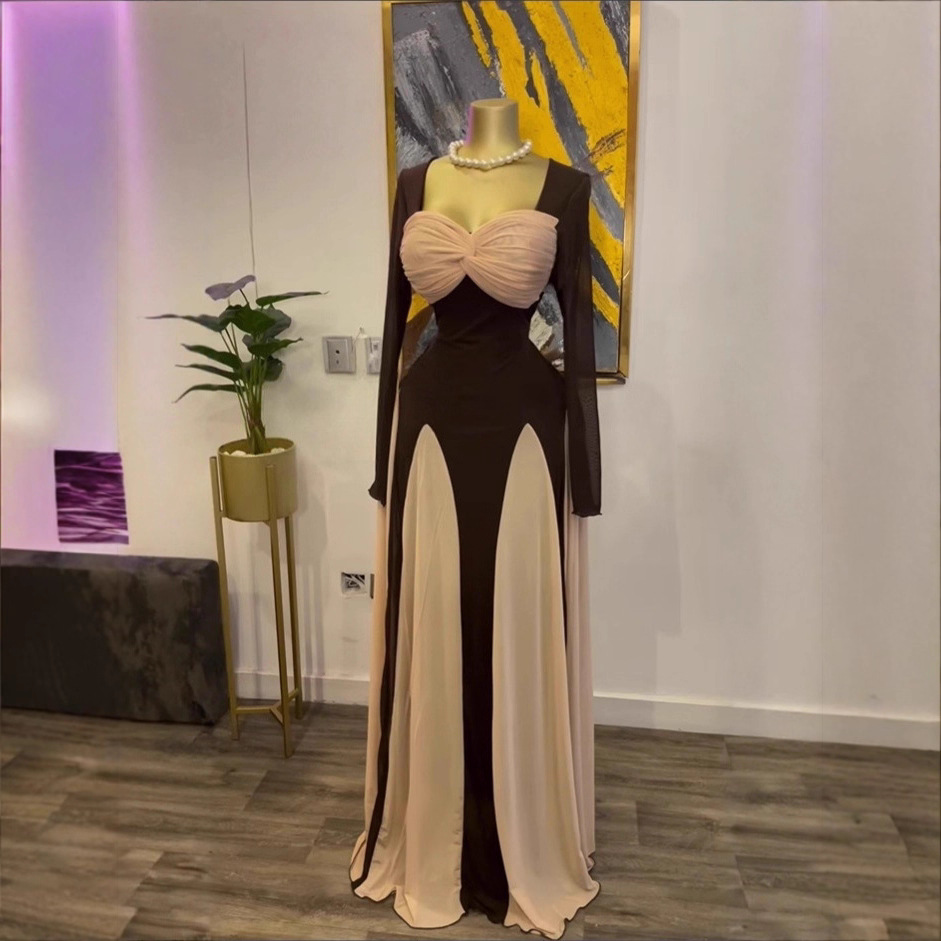 Spot 2025 European and American women's strapless long skirt temperament splicing vacation belt temperament long sleeved waist cinching dress