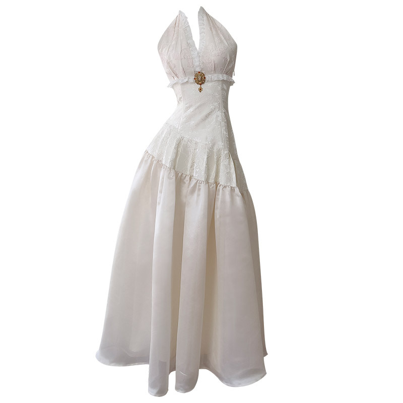 French socialite apricot toned waist cinching slimming mid length style elegant women's temperament hanging neck backless dress 68956 French socialite apricot toned waist cinching slimming mid length style elegant women's temperament hanging neck backless dress 68956