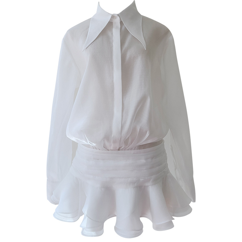 Women's new European and American style French thin style sexy long sleeved lapel button folded waist shirt skirt 69352 Women's new European and American style French thin style sexy long sleeved lapel button folded waist shirt skirt 69352