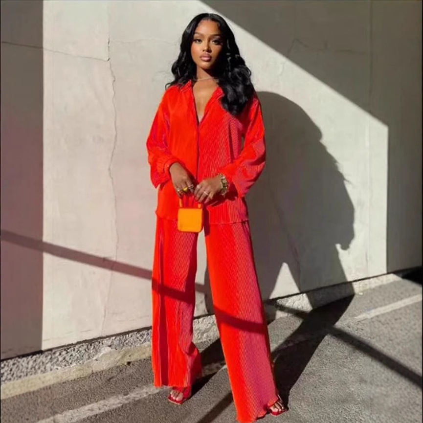 Spot 2025 Amazon Europe and America Cross border Women's Solid Color Loose Casual Two Piece Set with Hundred Fold Fashion Wide Leg Pants Spot 2025 Amazon Europe and America Cross border Women's Solid Color Loose Casual Two Piece Set with Hundred Fold Fashion Wide Leg Pants