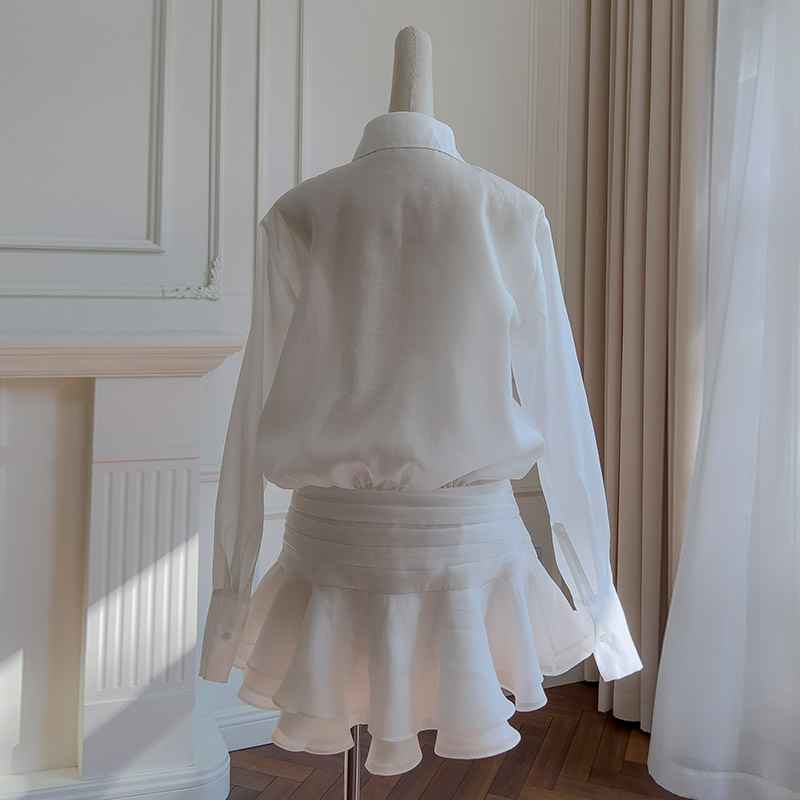 Women's new European and American style French thin style sexy long sleeved lapel button folded waist shirt skirt 69352 Women's new European and American style French thin style sexy long sleeved lapel button folded waist shirt skirt 69352