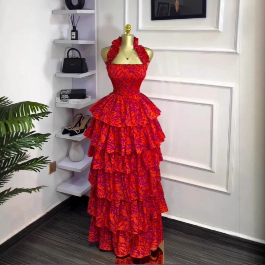 Spot European and American cross-border women's clothing 2025 temperament hanging neck detachable backless beach skirt lotus leaf edge cake long dress