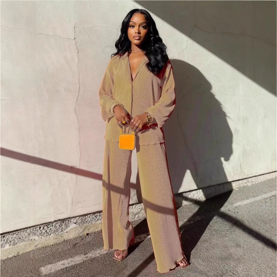 Spot 2025 Amazon Europe and America Cross border Women's Solid Color Loose Casual Two Piece Set with Hundred Fold Fashion Wide Leg Pants