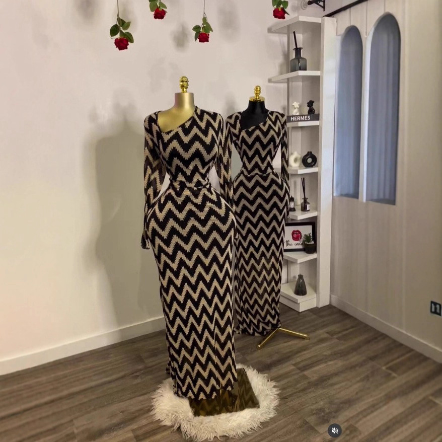 Spot 2025 Autumn Cross border European and American Slant Collar Ripple Printed Belt Long Dress for Women, Long Sleeve Fashion Dress