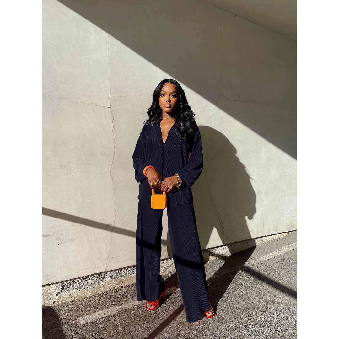 Spot 2025 Amazon Europe and America Cross border Women's Solid Color Loose Casual Two Piece Set with Hundred Fold Fashion Wide Leg Pants Spot 2025 Amazon Europe and America Cross border Women's Solid Color Loose Casual Two Piece Set with Hundred Fold Fashion Wide Leg Pants