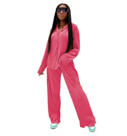 Spot 2025 Amazon Europe and America Cross border Women's Solid Color Loose Casual Two Piece Set with Hundred Fold Fashion Wide Leg Pants Spot 2025 Amazon Europe and America Cross border Women's Solid Color Loose Casual Two Piece Set with Hundred Fold Fashion Wide Leg Pants