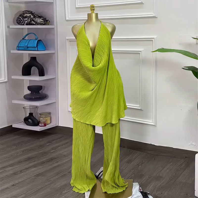 Spot European and American cross-border 2025 summer pile collar backless hanging neck top pleated wide leg pants 2-piece set