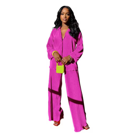 Spot 2025 Amazon Europe and America Cross border Women's Solid Color Loose Casual Two Piece Set with Hundred Fold Fashion Wide Leg Pants Spot 2025 Amazon Europe and America Cross border Women's Solid Color Loose Casual Two Piece Set with Hundred Fold Fashion Wide Leg Pants