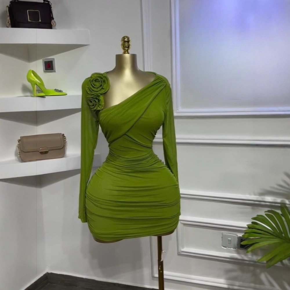 Spot 2025 European and American Cross border Women's Slant Collar Three Dimensional Flower Short Skirt Long Sleeve Wrinkle Show Thin Temperament Dress